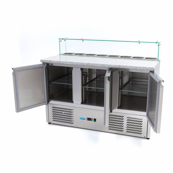 Pizzawerkbank - 137 cm - 3 Deuren - 8 x 1/6 GN - incl. Glazen Afdekking