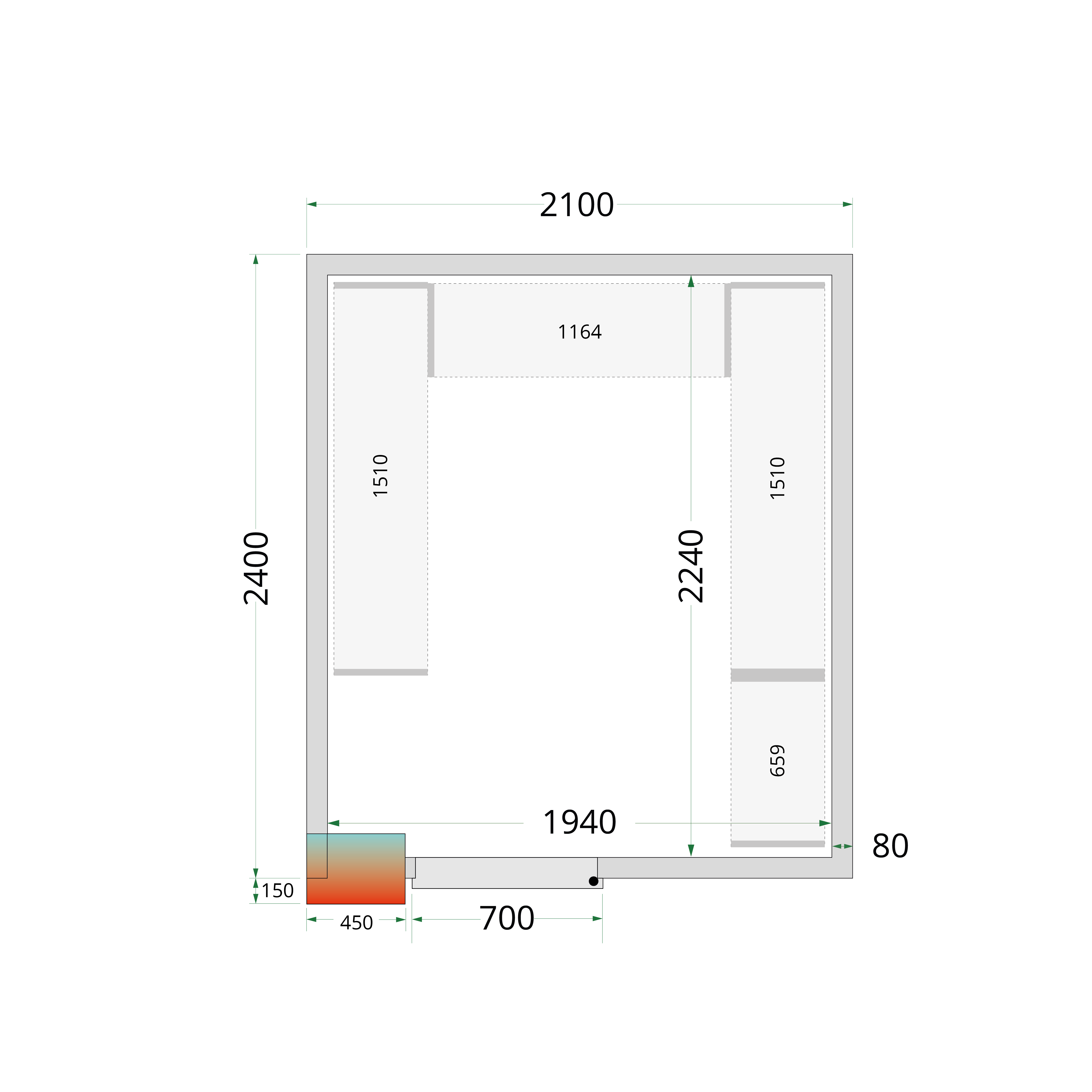 TEFCOLD Koelcelpanelen 80 mm - zonder vloer CR 210x240x212 NF