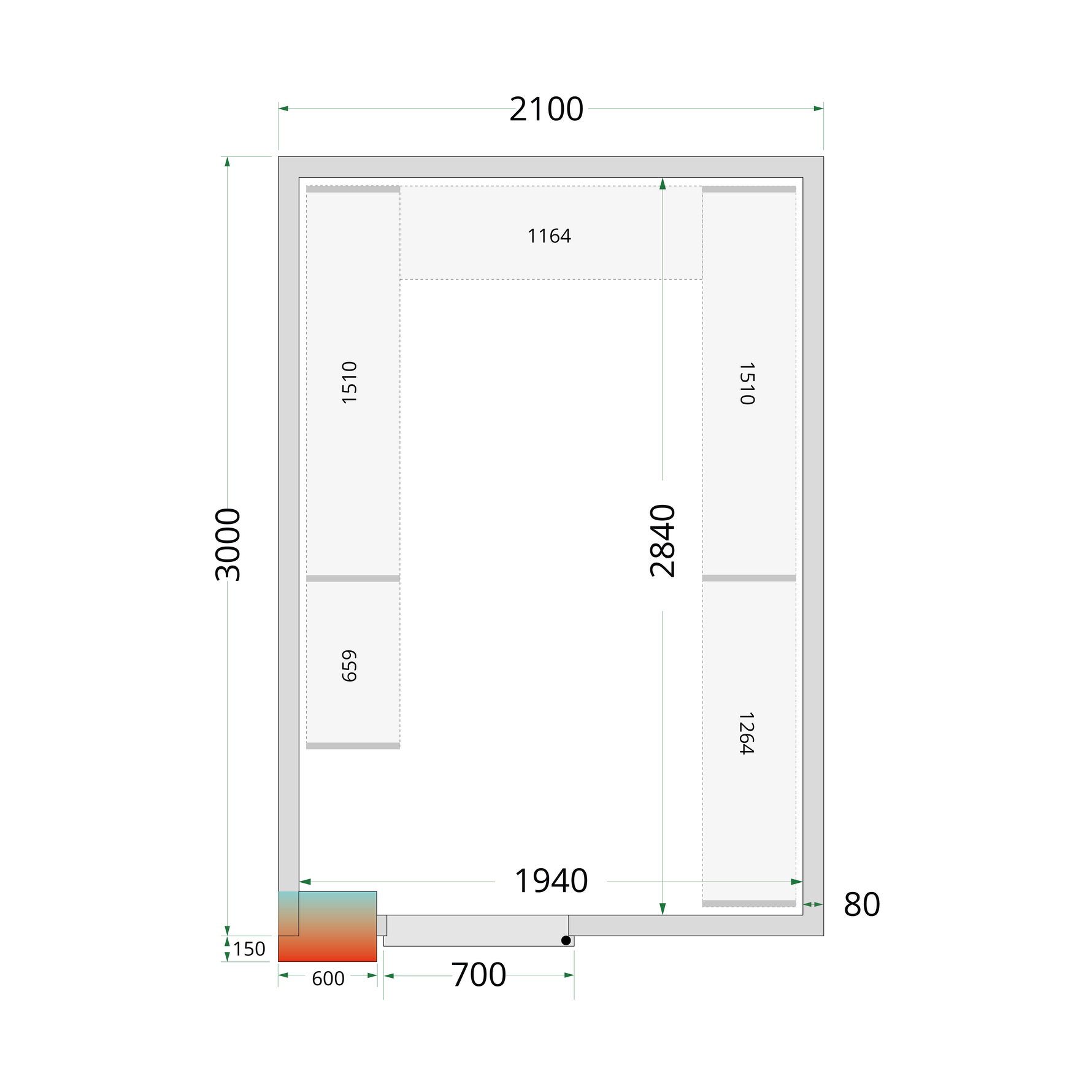 TEFCOLD Koelcelpanelen 80 mm - zonder vloer CR 210x300x212 NF