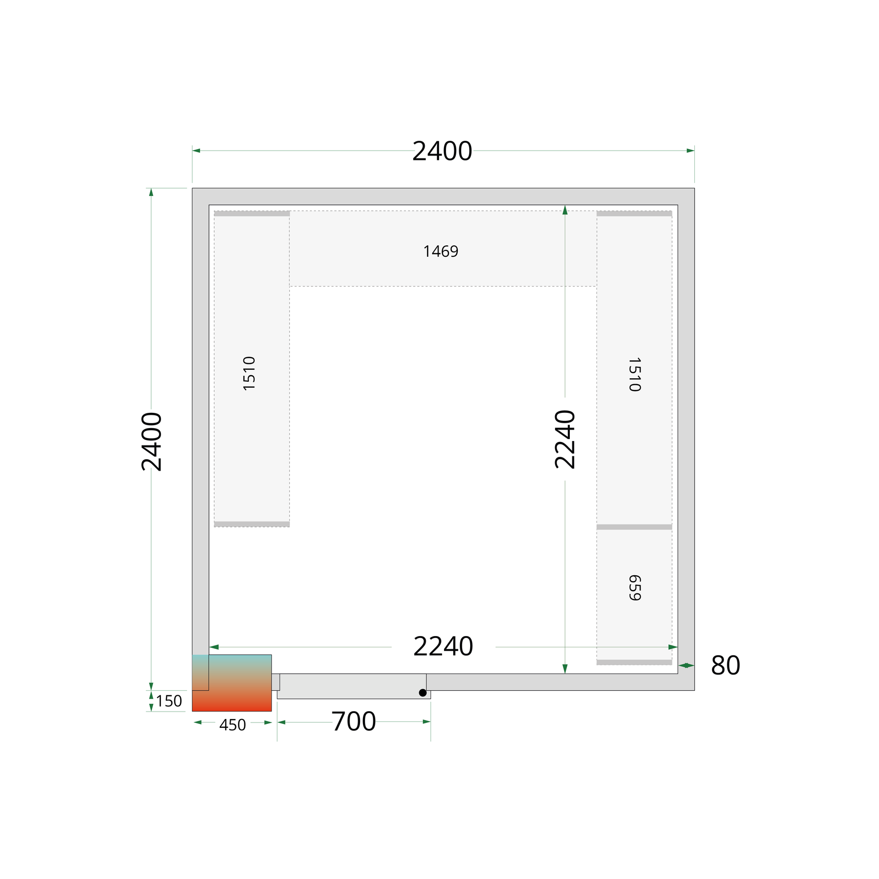 TEFCOLD Koelcelpanelen 80 mm - zonder vloer CR 240x240x212 NF