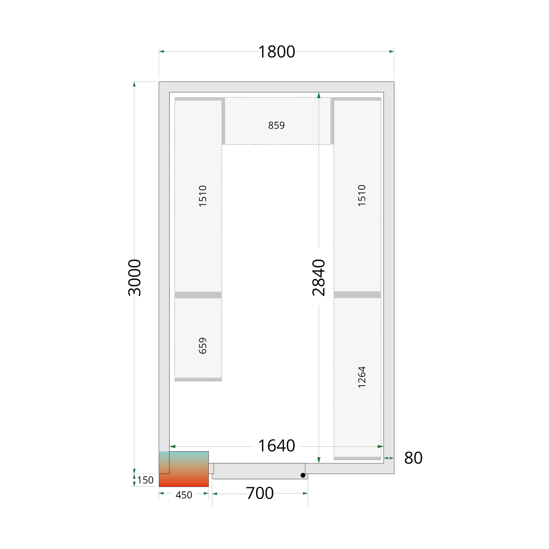 TEFCOLD Koelcelpanelen 80 mm - zonder vloer CR 180x300x212 NF