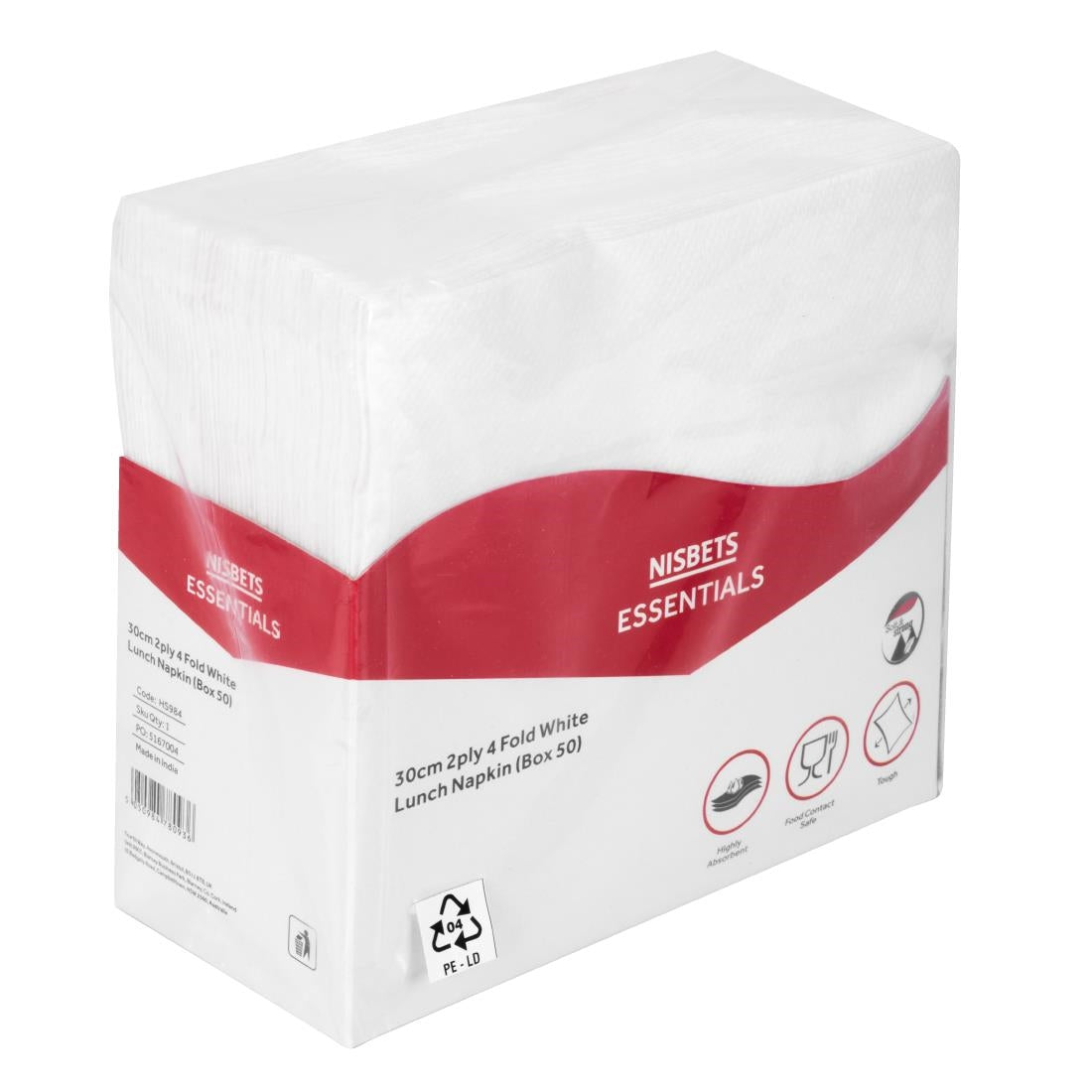 Nisbets Essentials 2-Laags 4-Voudige Witte Lunchservetten (Pak Van 50)