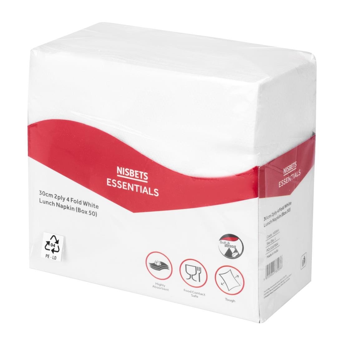 Nisbets Essentials 2-Laags 4-Voudige Witte Lunchservetten (Pak Van 50)