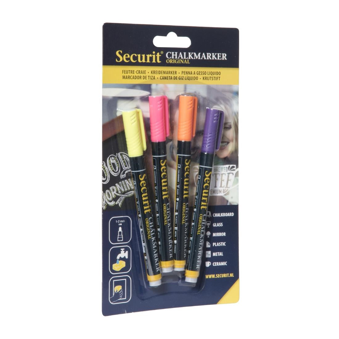 Securit Liquid chalkmarker tropical met 1-2mm Penpunt in geel, roze, oranje, violet (box 4)