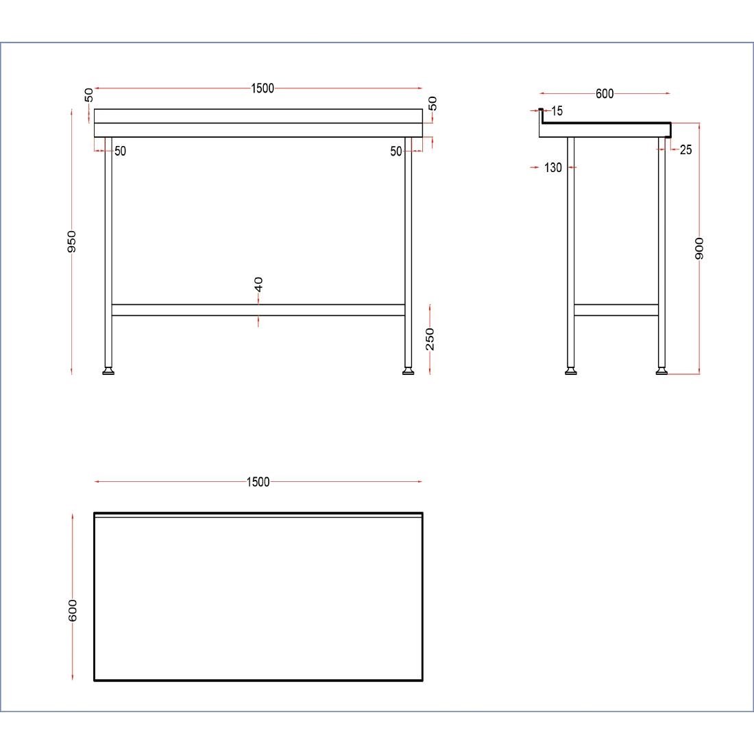 Holmes roestvrijstalen wandtafel met opstand 1500 mm