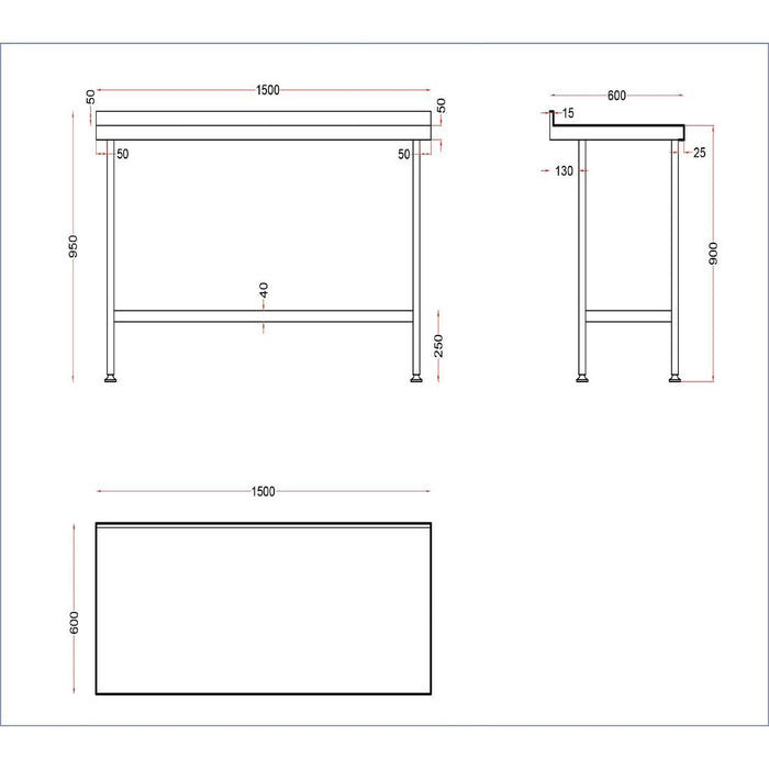 Holmes roestvrijstalen wandtafel met opstand 1500 mm