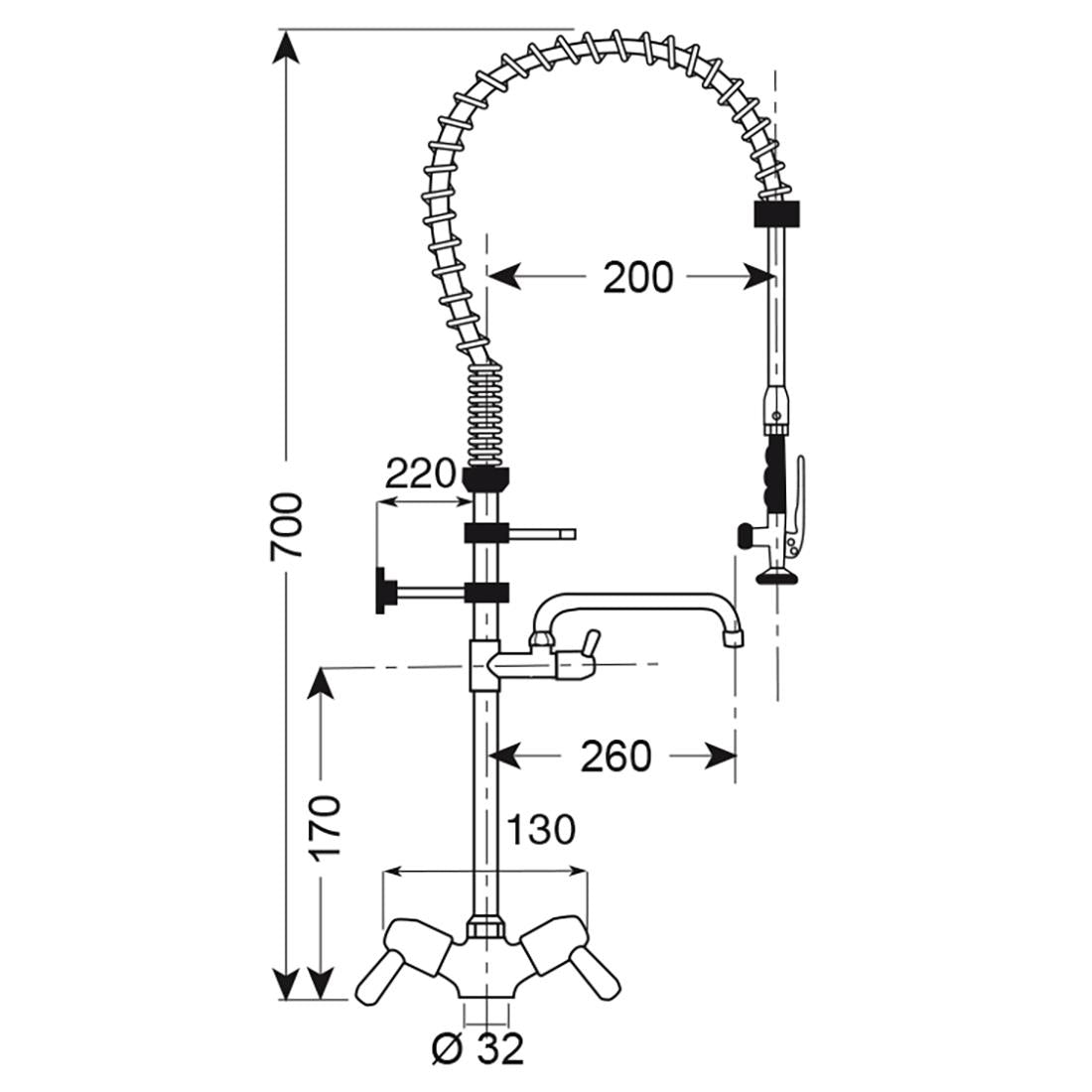 Gastro M voorspoeldouche monobloc laag model met zwenkkraan