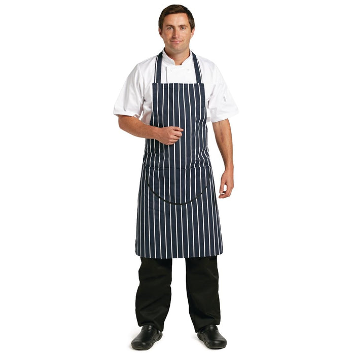 Whites halterschort blauw-wit gestreept met zak