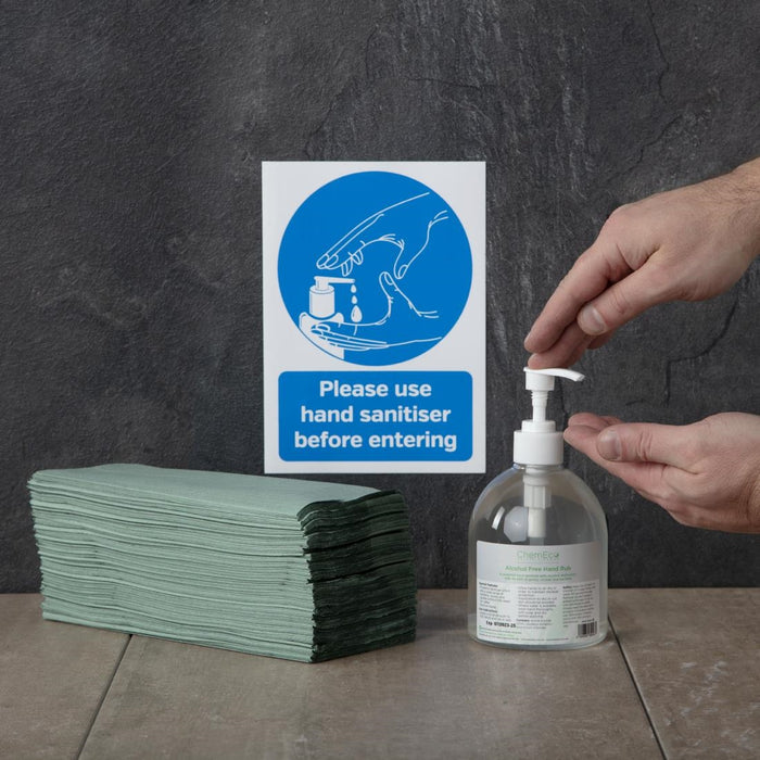 Vinylsticker A5 'Gelieve bij binnenkomst handreiniger te gebruiken'