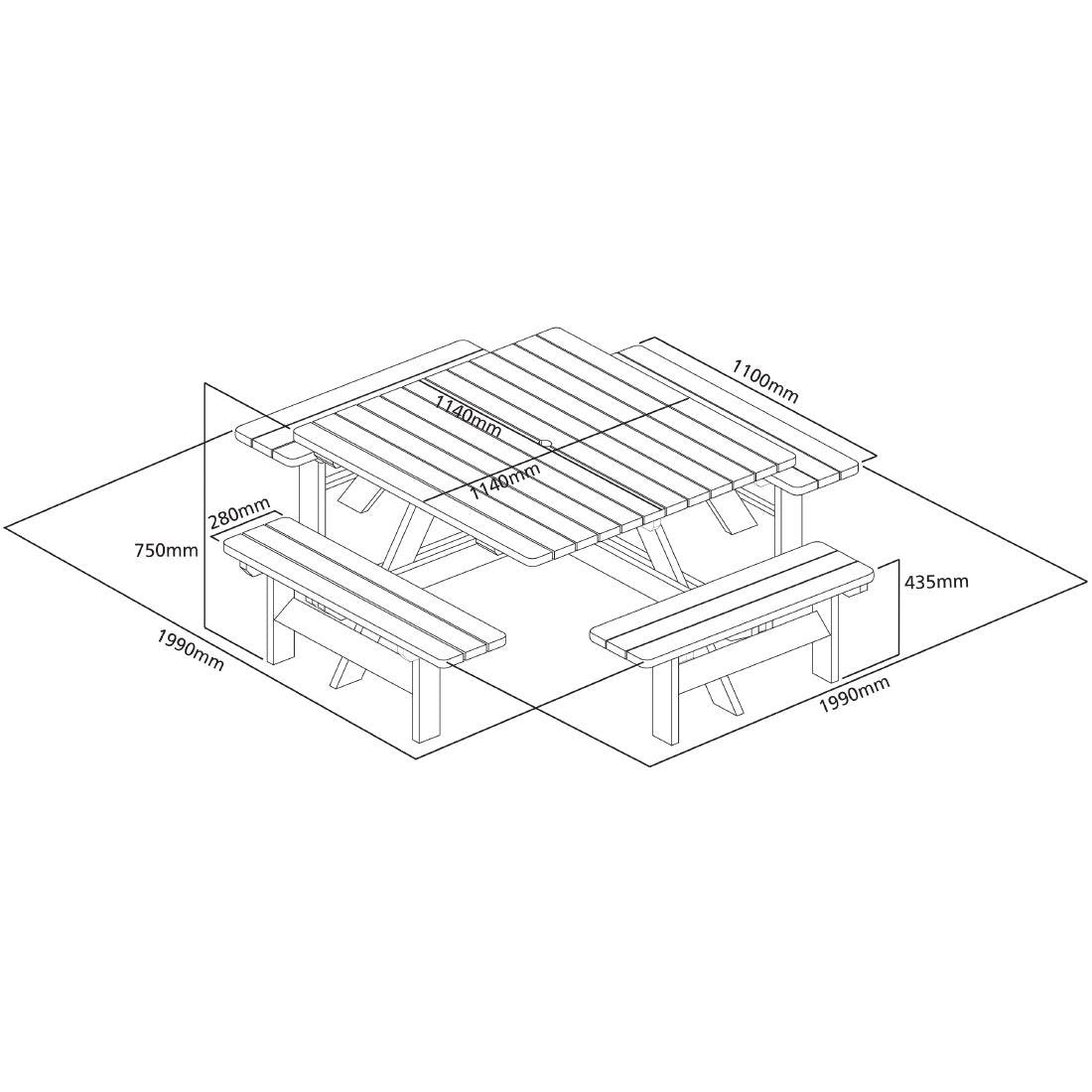 Rowlinson vierkante houten picknicktafel 198cm