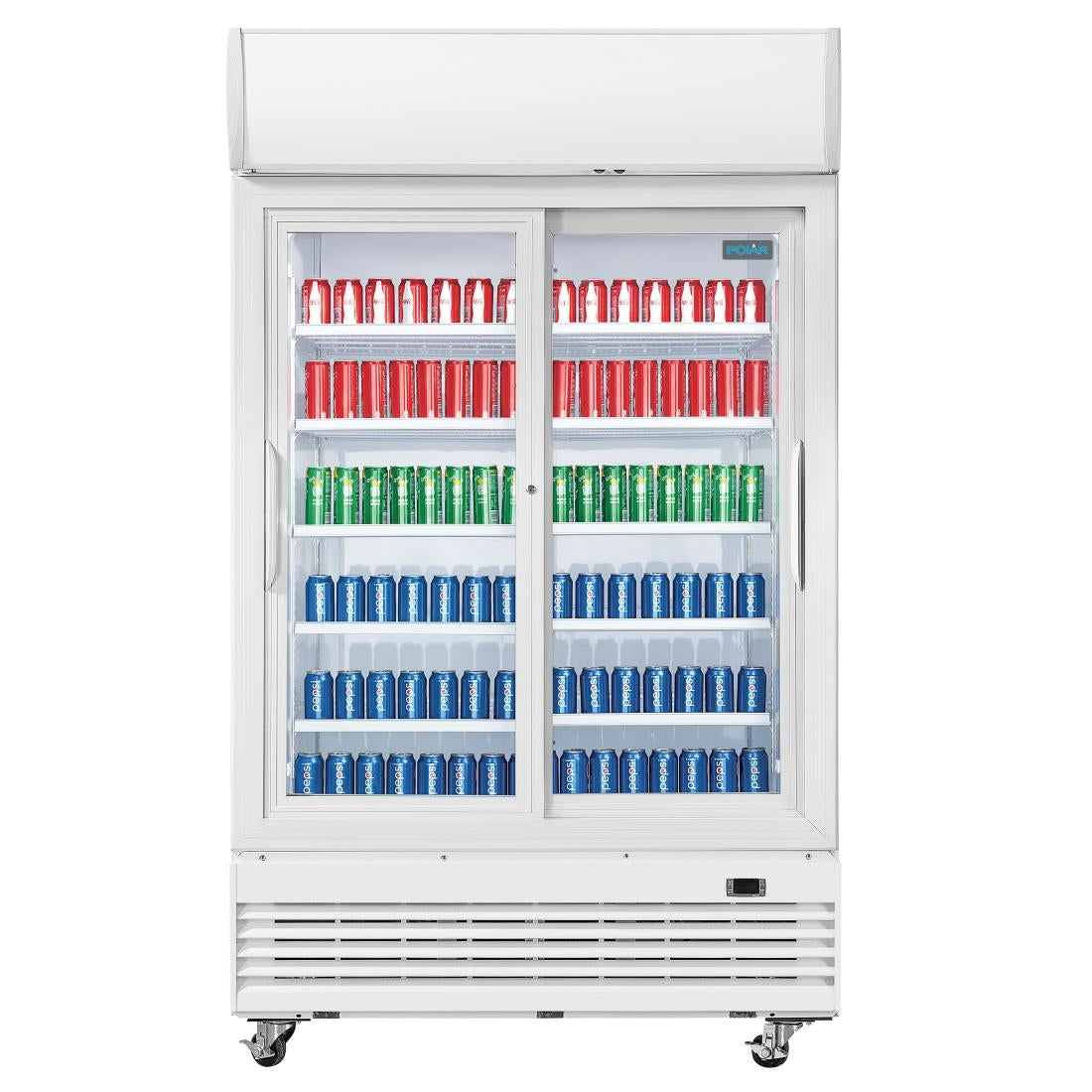 Polar G-serie tweedeurs displaykoeling met lichtbak 950L schuifdeuren