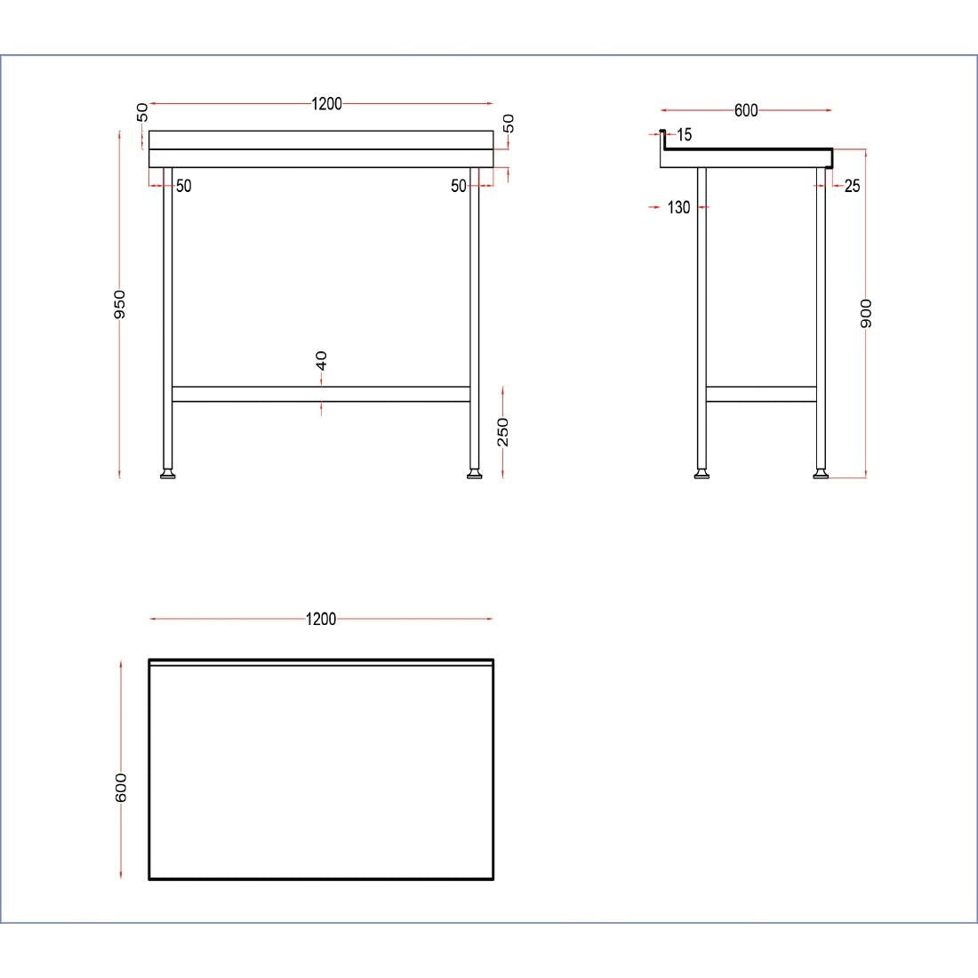 Holmes roestvrijstalen wandtafel met opstand 1200 mm