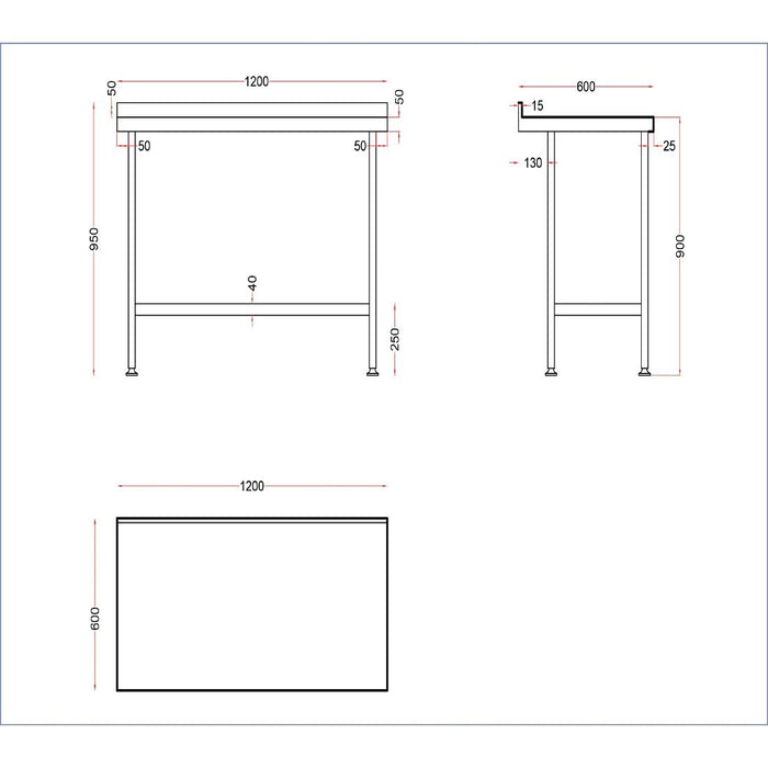 Holmes roestvrijstalen wandtafel met opstand 1200 mm