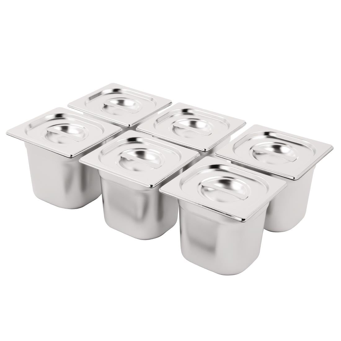 Vogue roestvrijstalen gastronorm bakset met deksels 1/6 (set van 6)