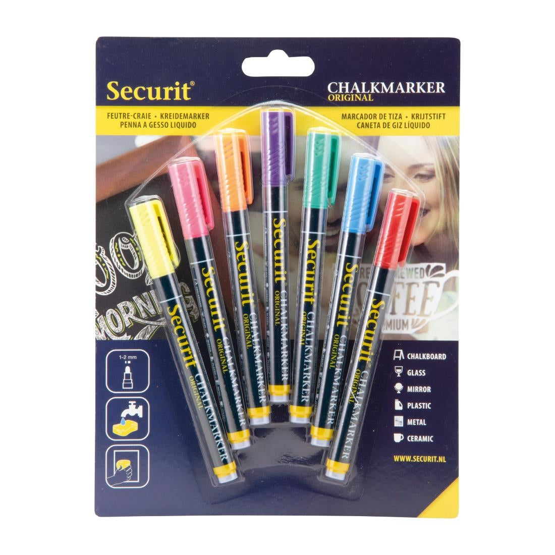 Securit Liquid krijtstift 1-2mm Penpunt in rood, blauw, geel, groen, roze, oranje, violet (doos 7)