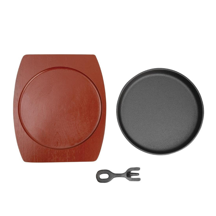 Olympia ronde gietijzeren schaal met houten onderzetter 22cm