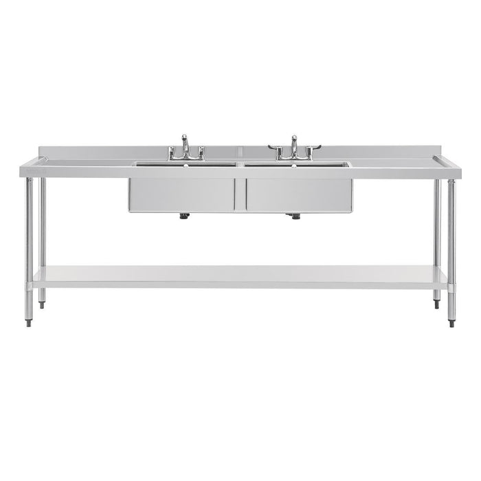 Vogue RVS spoeltafel dubbele spoelbak afdruiprek links en rechts 240x60cm