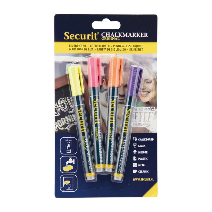 Securit Liquid chalkmarker tropical met 1-2mm Penpunt in geel, roze, oranje, violet (box 4)